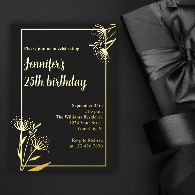 Invitation En Aluminium Élégant Chic Black Floral 25e fête d'anniversaire (Créateur téléchargé)