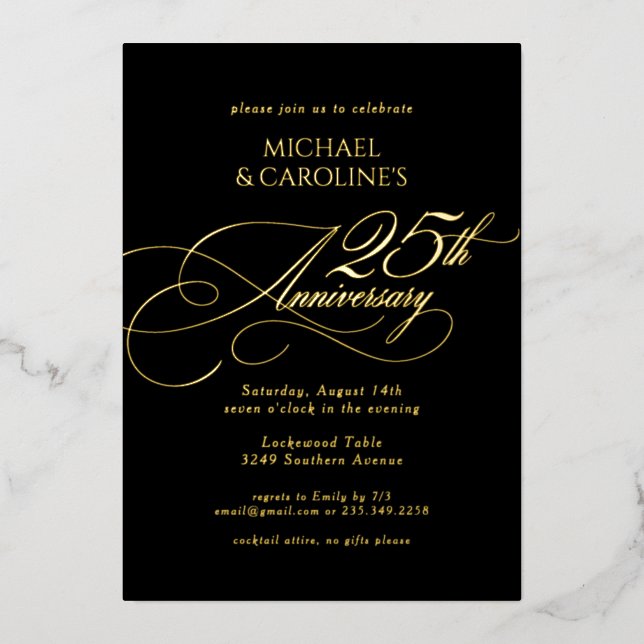 Invitation En Aluminium Élégant Classique Script 25e Anniversaire de Maria (Recto)