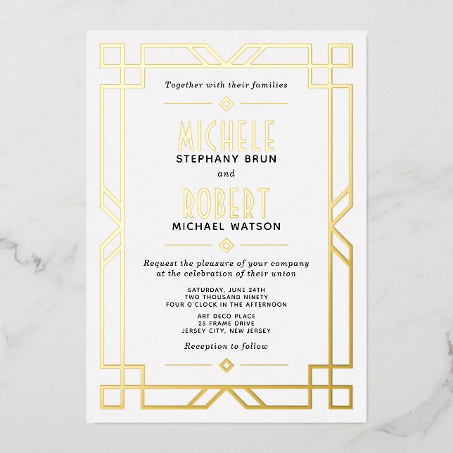 Invitation En Aluminium Elégant Classy Art Déco moderne Mariage Or (Recto)