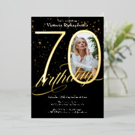 Invitation En Aluminium Elégant Confetti Photo Black Gold 70e anniversaire