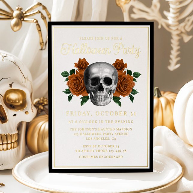 Invitation En Aluminium Elégant crâne gothique floral Halloween or (Elegant Gothic Floral Skull Halloween Gold Foil Invitation)