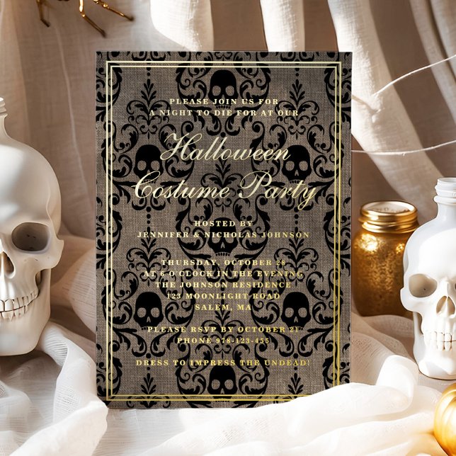 Invitation En Aluminium Elégant crâne gothique Halloween Costume Party (Elegant Gothic Skull Halloween Costume Party Foil Invitation)