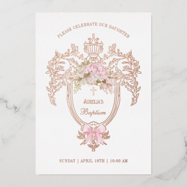 Invitation En Aluminium Elegant Crest Pink Bow Baptism Rose Gold (Recto)