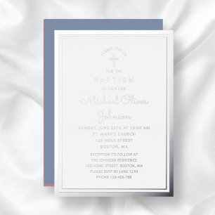 Invitation En Aluminium Elégant croix religieuse Dusty Blue Boy Baptême