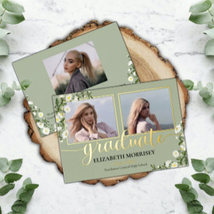 Invitation En Aluminium Elegant Daisies 3 Photo Graduation Sage