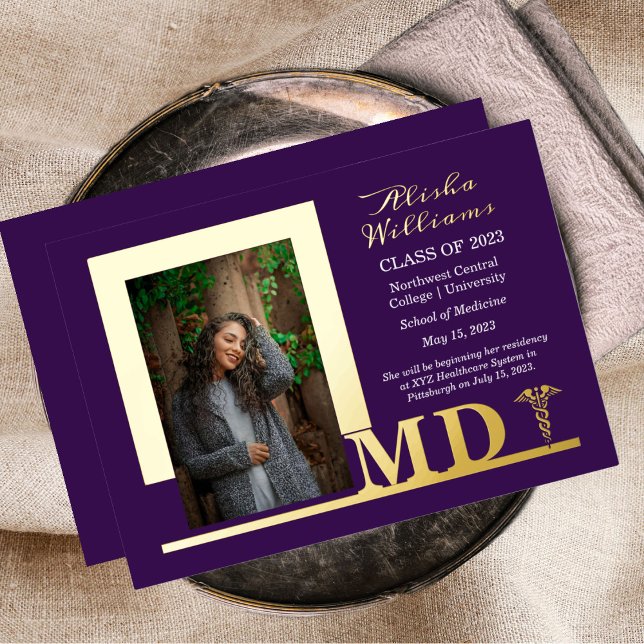 Invitation En Aluminium Élégant Dr MD Caduceus Photo Diplômé Purple (Créateur téléchargé)