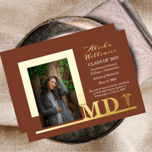 Invitation En Aluminium Élégant Dr MD Caduceus Photo Diplômé Terracotta