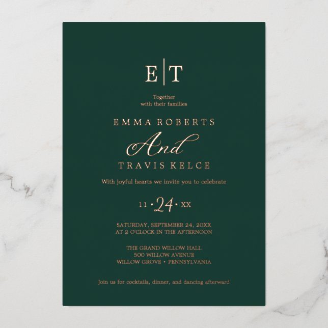 Invitation En Aluminium Élégant Emerald & Gold Foil Mariage (Recto)