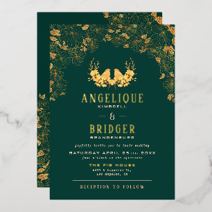 Invitation En Aluminium Élégant Emerald Green Gold Birds Floral Mariage