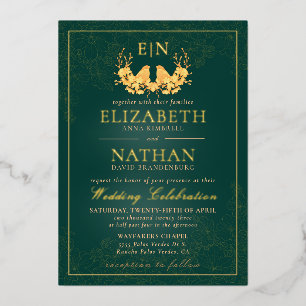 Invitation En Aluminium Élégant Emerald Green Gold Birds Monogram Mariage