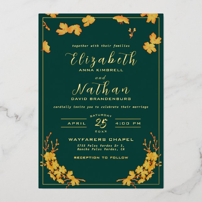 Invitation En Aluminium Élégant Emerald Green & Gold Floral Mariage (Recto)