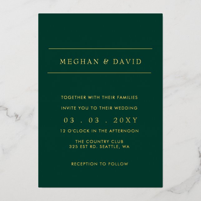 Invitation En Aluminium Élégant Emerald Green Gold Mariage Foil Invitatiat (Recto)