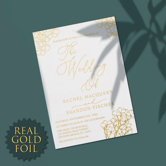 Invitation En Aluminium Élégant été Floral Blanc Mariage Real Gold (Créateur téléchargé)