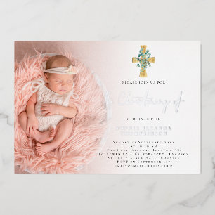 Invitation En Aluminium Elégant Eucalyptus Cross Photo Christening Real