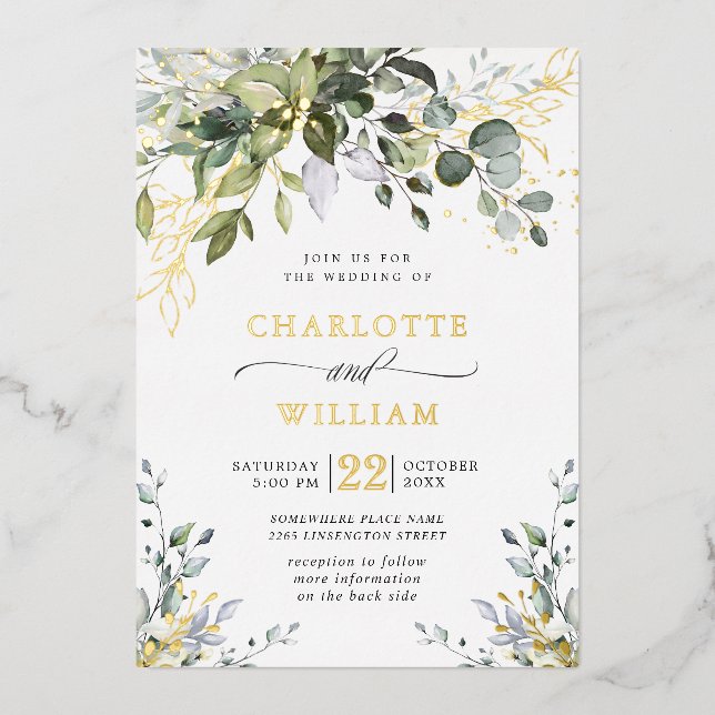 Invitation En Aluminium Elégant Eucalyptus Verdure Mariage Or (Recto)