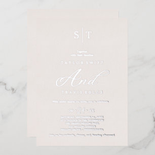 Invitation En Aluminium   Élégant Feuille d'Argent   Mariage Monogramme Gr