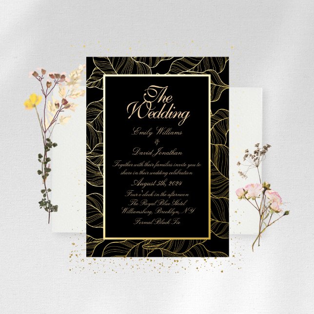 Invitation En Aluminium Elégant Feuille d'or noir (Créateur téléchargé)
