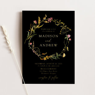Invitation En Aluminium Élégant Fleur sauvage d'été Wreath Mariage noir