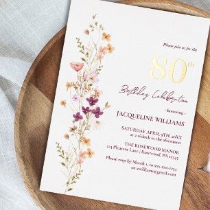 Invitation En Aluminium Elégant floral 80ème anniversaire du Fleur sauvage