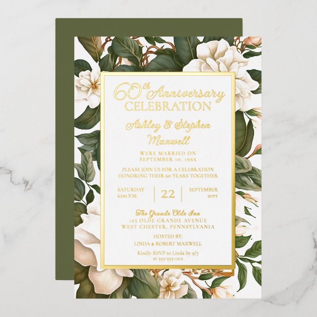 Invitation En Aluminium Élégant floral blanc 60e anniversaire de mariage (Recto/Verso)