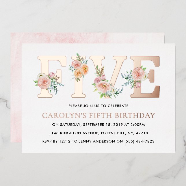 Invitation En Aluminium Élégant Floral CINQ 5e anniversaire Real (Recto/Verso)