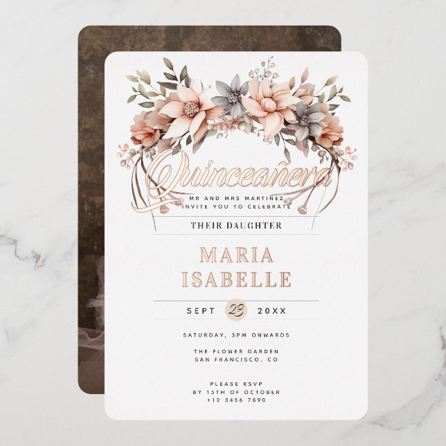 Invitation En Aluminium Élégant Floral Couronne Quinceañera Rose du Parti  (Recto/Verso)