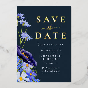 Invitation En Aluminium Élégant floral d'été or bleu marine mariage