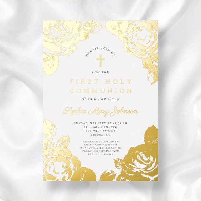 Invitation En Aluminium Elégant Floral First Communion Gold (Elegant Floral First Communion Gold Foil Invitation)