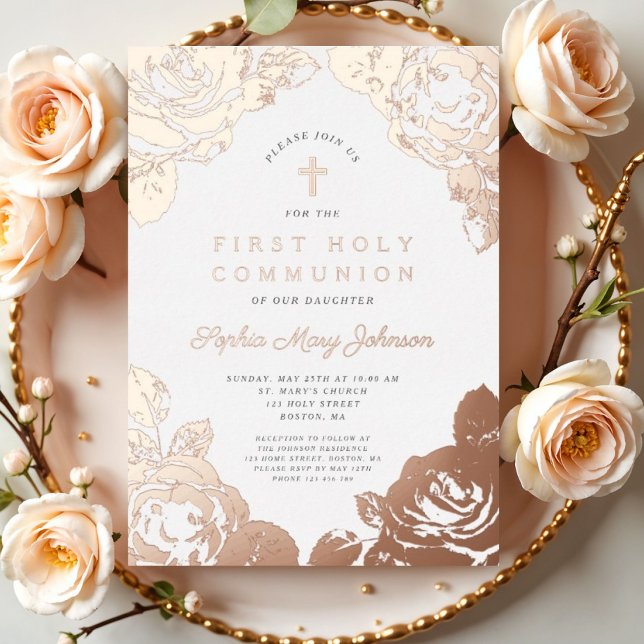Invitation En Aluminium Élégant Floral First Communion Rose Gold (Elegant Floral First Communion Rose Gold Foil Invitation)