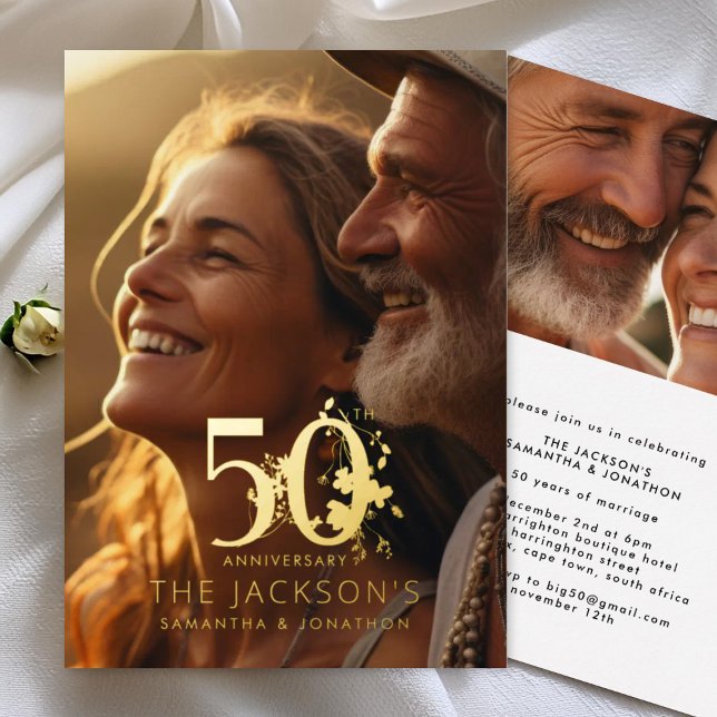 Invitation En Aluminium Elegant Floral Gold 50th Photo Wedding Anniversary (Créateur téléchargé)