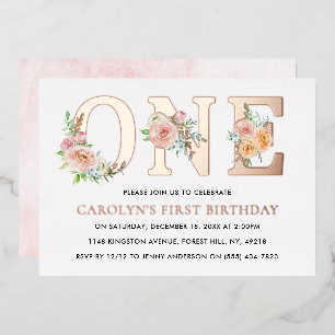 Invitation En Aluminium Élégant Floral ONE 1er Anniversaire réel