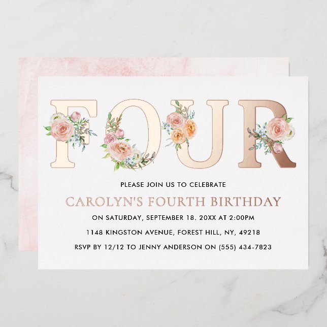Invitation En Aluminium Elégant Floral QUATRE 4e anniversaire Real (Recto/Verso)