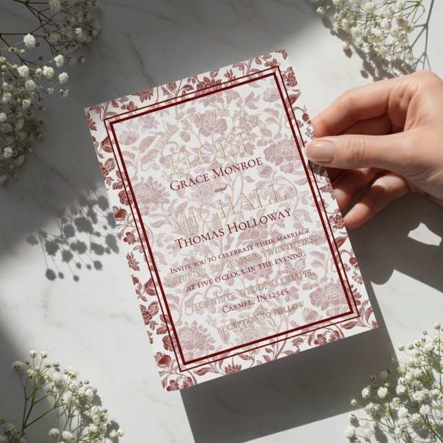 Invitation En Aluminium Elegant Floral Toile Script Monogram Red Wedding (Formally invite guests to your big day with this Elegant Floral Toile Script Monogram Red Invite!)