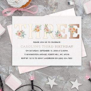 Invitation En Aluminium Élégant floral TROISIÈME 3ème anniversaire réel