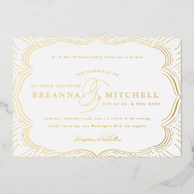 Invitation En Aluminium Élégant Flouris Formel Mariage Or (Recto)
