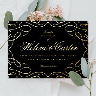 Invitation En Aluminium Élégant Flouris Mariage Calligraphie Black Gold
