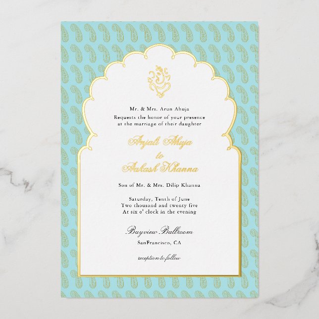 Invitation En Aluminium Elegant Ganesh mariage indien Aqua et or (Recto)