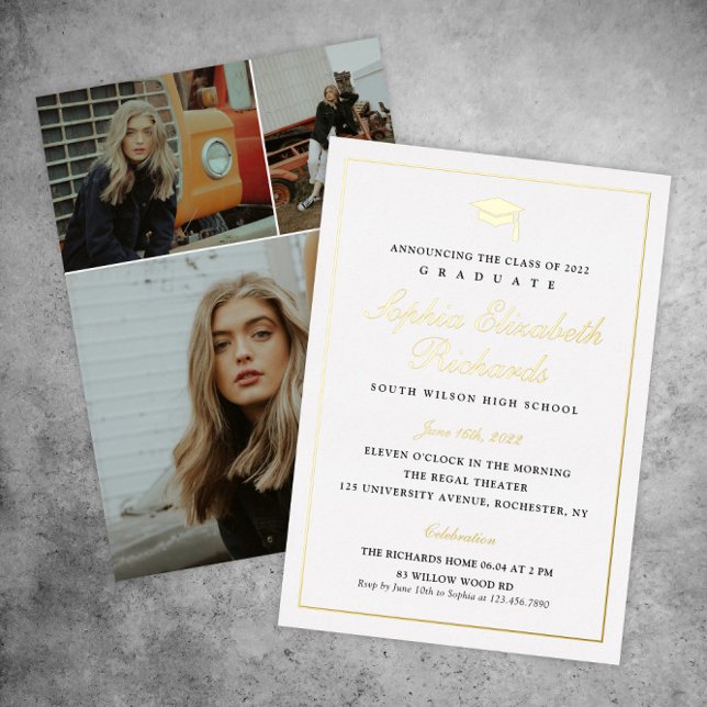 Invitation En Aluminium Elégant Gold 3 Photo Graduation (Créateur téléchargé)