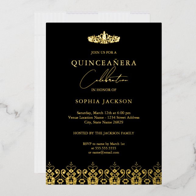Invitation En Aluminium Elégant Gold Black Tiara Quinceanera (Enveloppe)