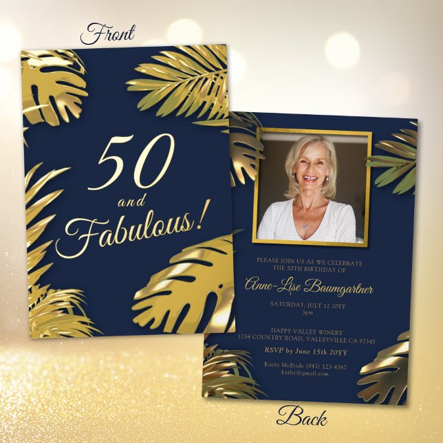 Invitation En Aluminium Elégant Gold Blue Photo 50th Fabulous Birthday (Créateur téléchargé)