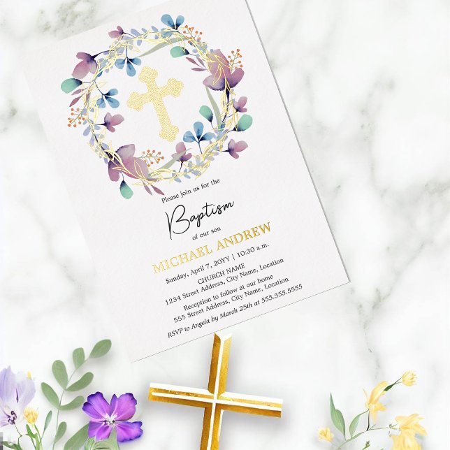 Invitation En Aluminium Elégant Gold Cross Baptism Floral (Elegant floral wreath, with real gold foil cross and name, baptism invitation.)
