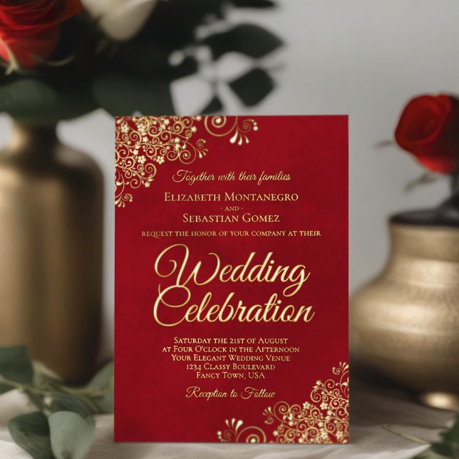 Invitation En Aluminium Elégant Gold Floral Frills Crimson Mariage rouge (Créateur téléchargé)