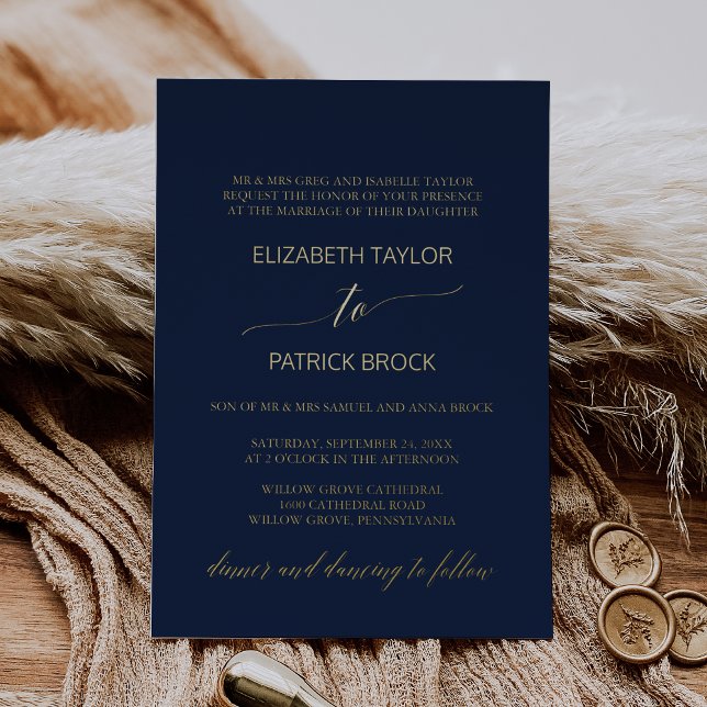 Invitation En Aluminium Élégant Gold Foil Calligraphie Marine Mariage offi (Créateur téléchargé)