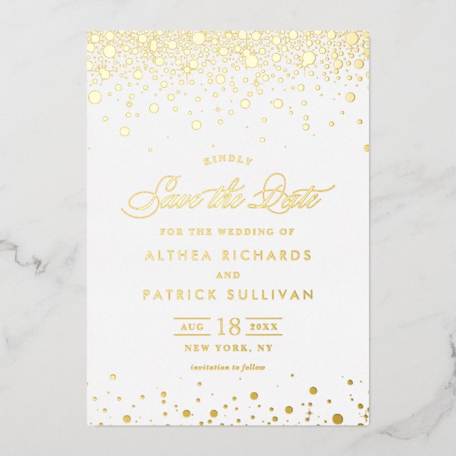 Invitation En Aluminium Elegant Gold Foil Confeti Dots Save the date (Recto)