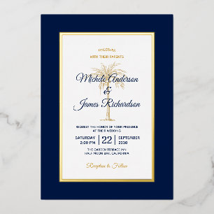 Invitation En Aluminium Elégant Gold Navy Blue Palm Tree Beach Mariage