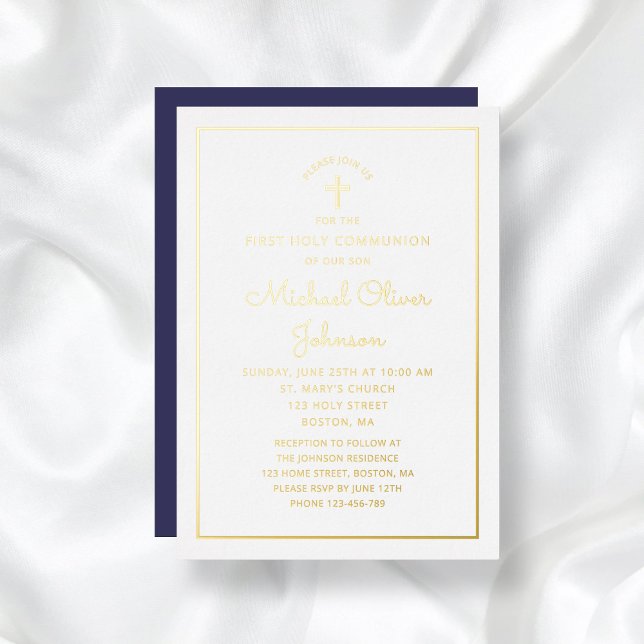 Invitation En Aluminium Élégant Gold Script Marine Blue First Communion (Elegant Gold Script Navy Blue First Communion Foil Invitation)