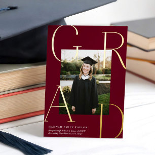 Invitation En Aluminium Élégant GRAD Photo Graduation Bourgogne + Or