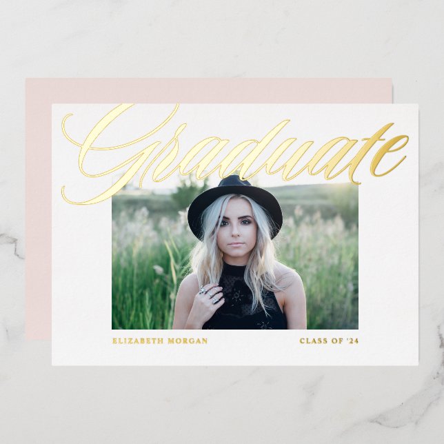 Invitation En Aluminium Élégant Gras Calligraphie Photo Graduation Or (Recto/Verso)