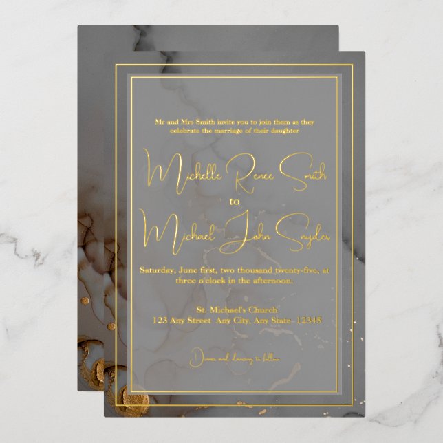 Invitation En Aluminium Elégant Gris Mariage d'encre d'alcool or (Recto/Verso)
