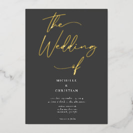 Invitation En Aluminium Élégant Gris Noir Calligraphie Mariage de script